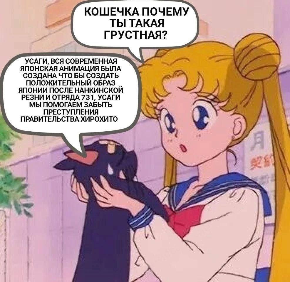 КОШЕЧКА ПОЧЕМУ ТЫ ТАКАЯ ГРУСТНАЯ? We УСАГИ, ВСЯ СОВРЕМЕННАЯ ЯПОНСКАЯ АНИМАЦИЯ БЫЛА СОЗДАНА ЧТО БЫ СОЗДАТЬ ПОЛОЖИТЕЛЬНЫЙ ОБРАЗ i ЯПОНИИ ПОСЛЕ НАНКИНСКОЙ РЕЗНИ И ОТРЯДА 731, УСАГИ МЫ ПОМОГАЕМ ЗАБЫТЬ ПРЕ