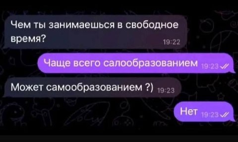Чем ты занимаешься в свободное время? Чаще всего салообразованием Может самообразованием Нет