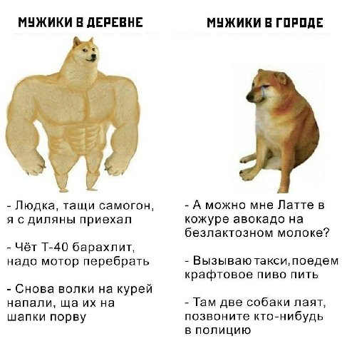 МУЖИКИ В ДЕРЕВНЕ МУЖИКИ В ГОРОДЕ Людка, тащи самогон, А можно мне Латте в я сдиляны приехал кожуре авокадо на безлактозном молоке? Чёт барахлит, надо мотор перебрать Вызываю такси, поедем крафтовое пи