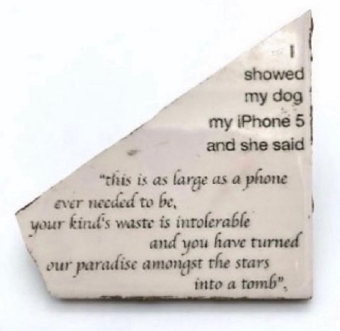 showed my dog my iPhone 5 and she said is as large as a phone your waste is intolerable you have turned our paradise amongst the stars into a tomb”