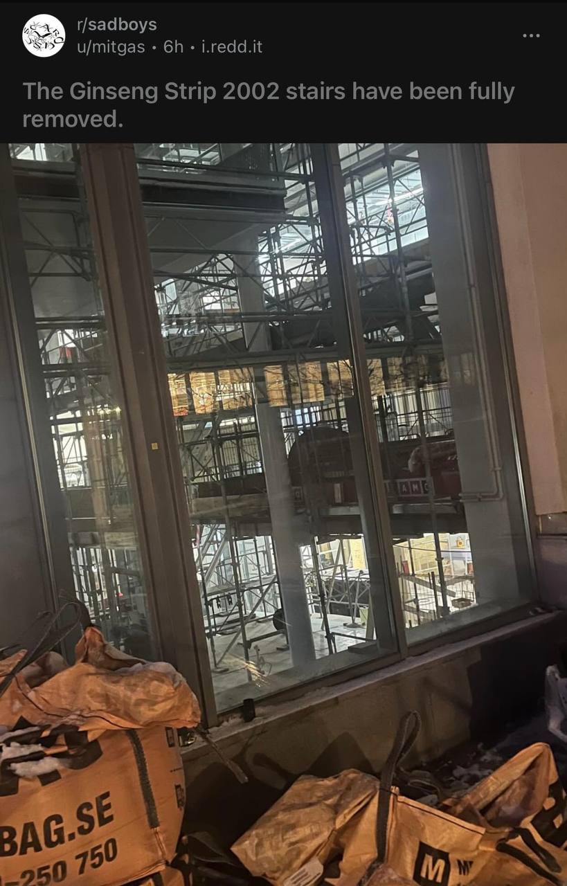 r/sadboys u/mitgas i.redd.it The Ginseng Strip 2002 stairs have been fully removed. Ber уда a\ a у у в a 50