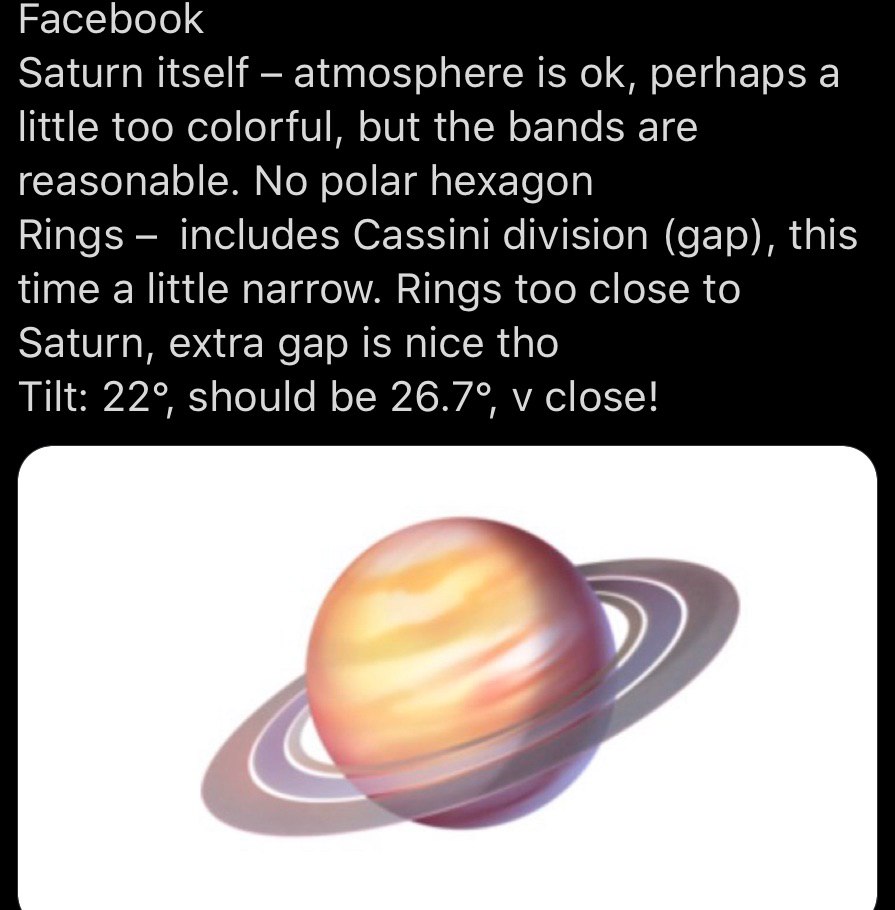 Facebook Saturn itself atmosphere 1$ perhaps а little too colorful, but the bands are reasonable. No polar hexagon Rings includes Cassini division (gap), this time a little narrow. Rings too close to 