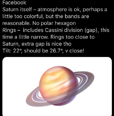 Facebook Saturn itself atmosphere 1$ perhaps а little too colorful, but the bands are reasonable. No polar hexagon Rings includes Cassini division (gap), this time a little narrow. Rings too close to 