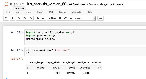 pyter iris_analysis_version_68 Last Checkpoint: a few seconds ago (autosaved) dashboard File Edit View Insert Cell Kernel Widgets Help Я Run С» In [26]: import matplotlib.pyplot as plt import pandas a