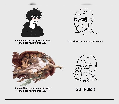nonbinary, but present male and use he/him pronouns That doesn't even make sense ли but present male 50 TRUE and use he/him pronouns