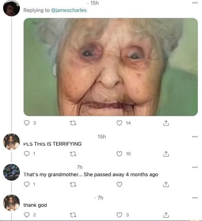 Replying to @jamescharles 14 4 10 That's my grandmother... She passed away 4 months ago 4 2