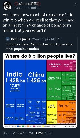 #2 You know how much of a Gacha of Life win it is when you realise that you have an almost 1in 5 chance of being born Indian but you weren't? Brain Quest India overtakes China to become the world's mo