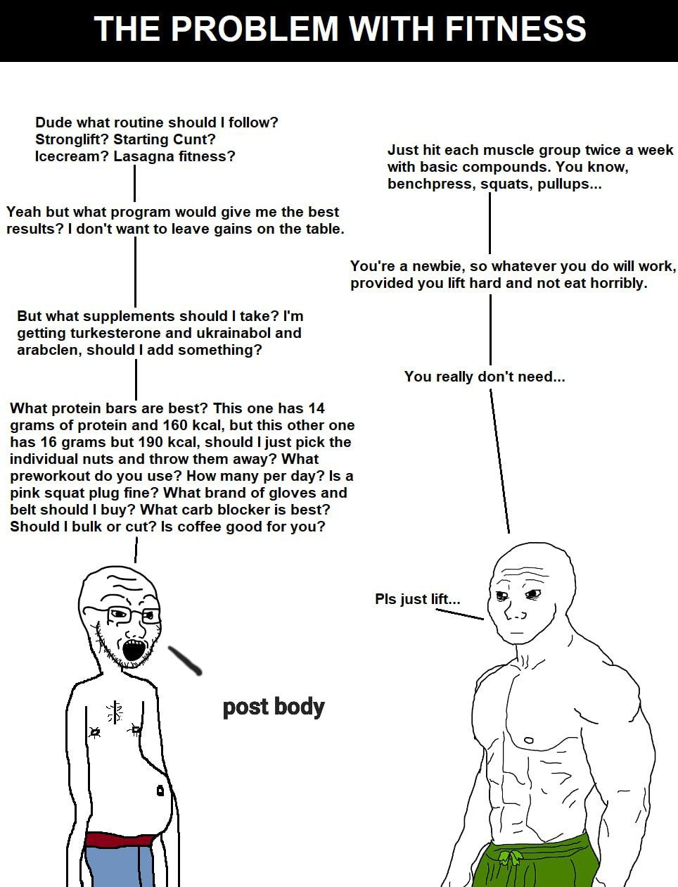 Dude what routine should follow? Stronglift? Starting Cunt? Icecream? Lasagna fitness? Just hit each muscle group twice a week with basic compounds. You know, benchpress, squats, pullups... Yeah but w