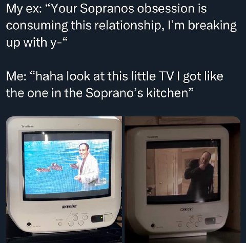 My “Your Sopranos obsession is consuming this relationship, breaking up with Me: “haha look at this little got like the one in the Soprano’s kitchen”