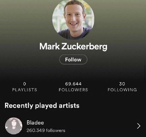 A Mark Zuckerberg 0 69.644 30 PLAYLISTS FOLLOWERS FOLLOWING Recently played artists Bladee 260.349 followers
