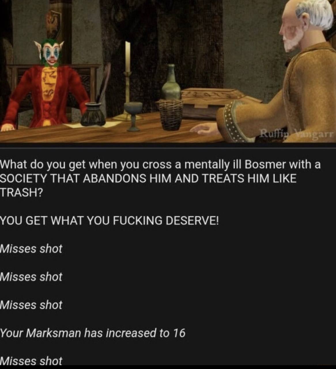 у. What you get when you cross а mentally ill Bosmer with а SOCIETY THAT ABANDONS HIM AND TREATS HIM LIKE TRASH? YOU GET WHAT YOU FUCKING DESERVE! Misses shot Misses shot Misses shot Your Marksman has