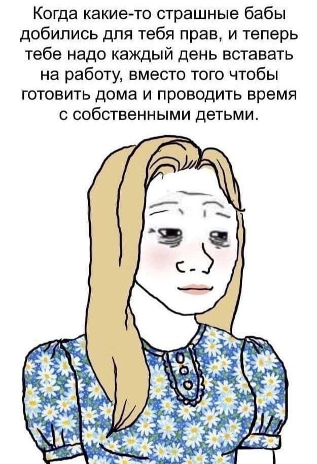 Когда какие-то страшные бабы добились для тебя прав, и теперь тебе надо каждый день вставать на работу, вместо того чтобы готовить дома и проводить время с собственными детьми.