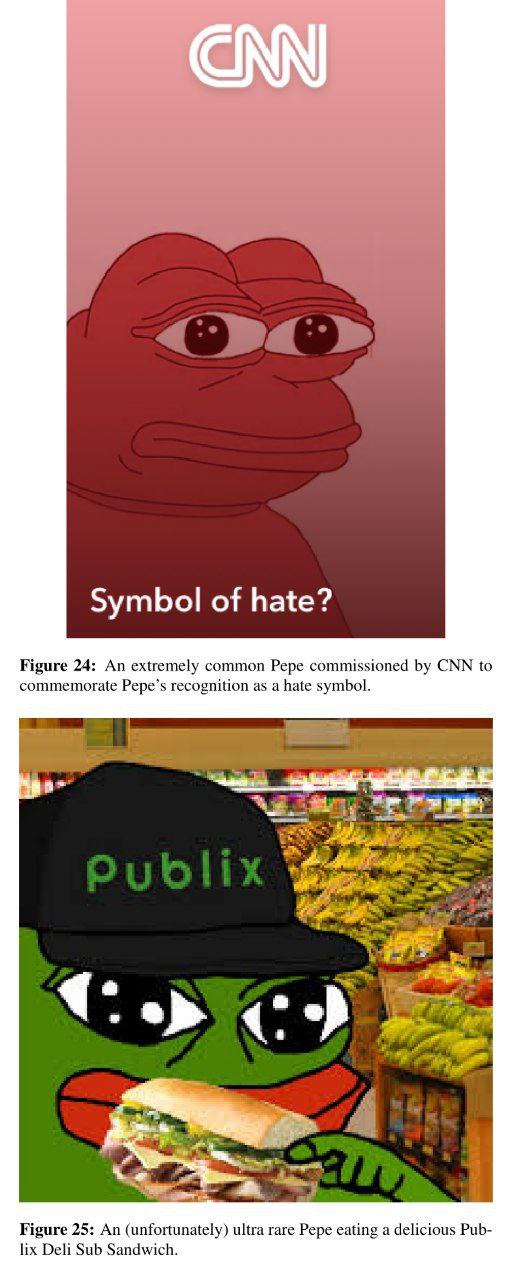 Symbol of hate? Figure 24: An extremely common Pepe commissioned CNN to commemorate Pepe’s recognition as a hate symbol. ный 4 1 я mit Figure 25: An (unfortunately) ultra rare Pepe eating a delicious 