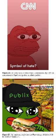 Symbol of hate? Figure 24: An extremely common Pepe commissioned CNN to commemorate Pepe’s recognition as a hate symbol. ный 4 1 я mit Figure 25: An (unfortunately) ultra rare Pepe eating a delicious 