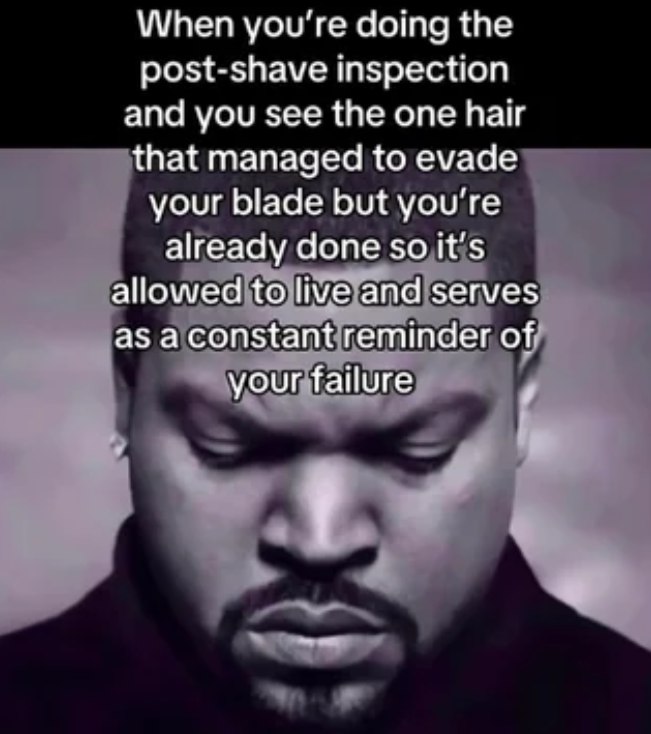 When уоуте doing the post-shave inspection and you see the one hair that managed to evade your blade but you're already done So it's allowed to live and serves as aconstant reminder of your failure