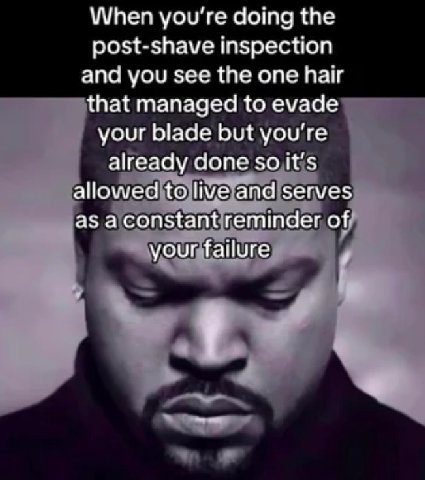 When уоуте doing the post-shave inspection and you see the one hair that managed to evade your blade but you're already done So it's allowed to live and serves as aconstant reminder of your failure