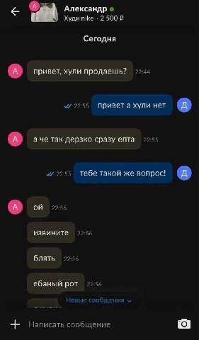 A Александр Худи nike 2 500 Сегодня привет, хули продаешь? 22:44 22:55 привета хули нет a так дерзко сразу епта 22:55 22:55 тебе такой же вопрос! 22:56 извините 22:56 блять 22:56 ебаный рот 22:56 Новы