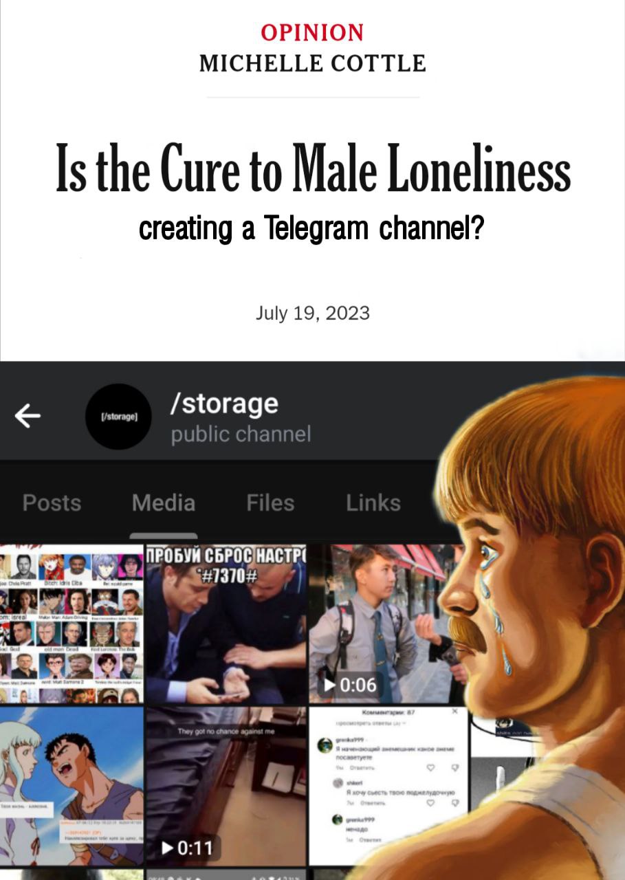 OPINION MICHELLE COTTLE Is the Cure to Male Loneliness creating a Telegram channel? July 19, 2023 /storage rye 0:06 8 0:11