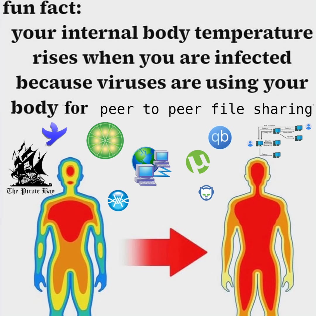 fun fact: your internal body temperature rises when you are infected ресаи$е viruses are using your body for peer to peer file sharing ‚У