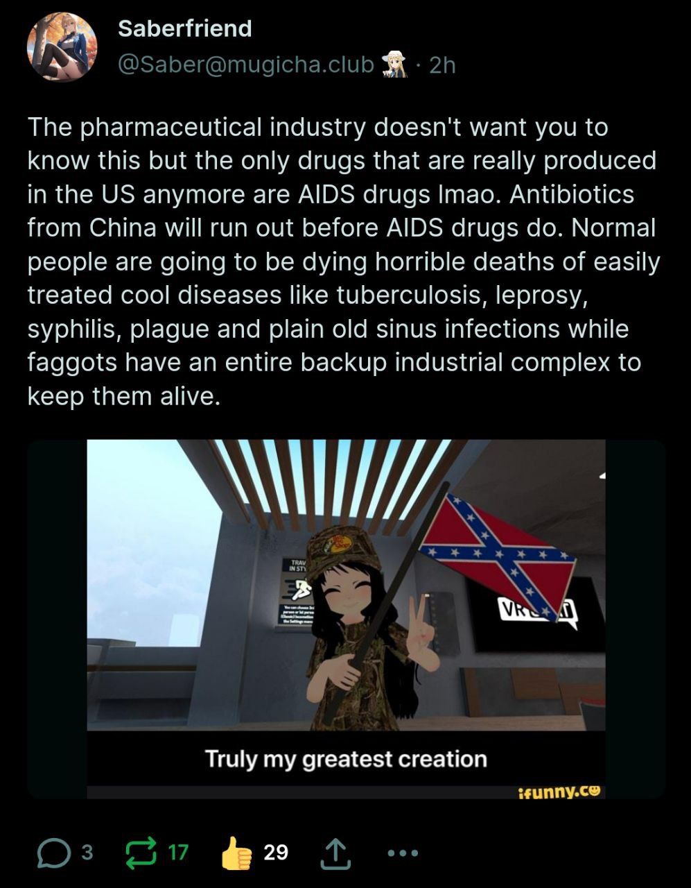 а Saberfriend The pharmaceutical industry doesn't want you to know this but the only drugs that are really produced in the anymore are AIDS drugs Imao. Antibiotics from China will run out before AIDS 