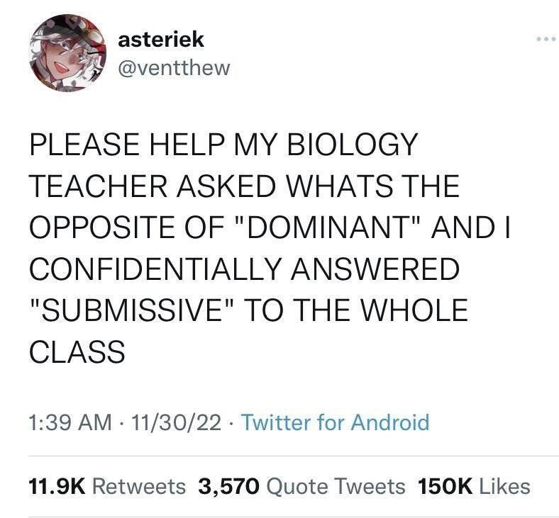 asteriek @ventthew PLEASE HELP MY BIOLOGY TEACHER ASKED WHATS THE OPPOSITE OF "DOMINANT" AND CONFIDENTIALLY ANSWERED "SUBMISSIVE" TO THE WHOLE CLASS 1:39 11/30/22 Twitter for Android Retweets 3,570 Qu