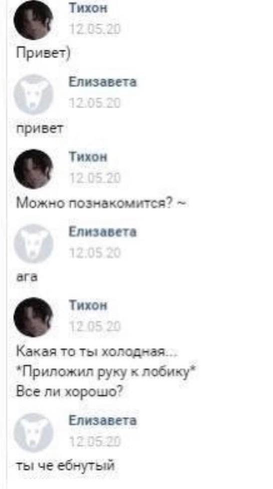 Тихон Елизавета привет Тихон Можно познакомится? Елизавета ага Тихон Какая TO ты: холодная. *Приложил руку к лобику* Все ли хорошо? Елизавета ты че ебнутый