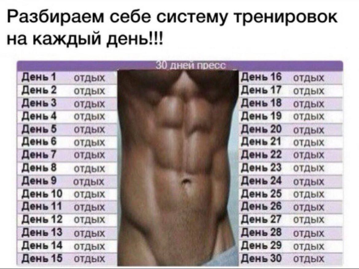 Разбираем себе систему тренировок see на каждый день днеи пресс День 1 отдых День 16 отдых 2 отдых День 17 отдых 3 отдых День 18 отдых 4 отдых День 19 отдых День 5 отдых День 20 отдых Деньб отдых День