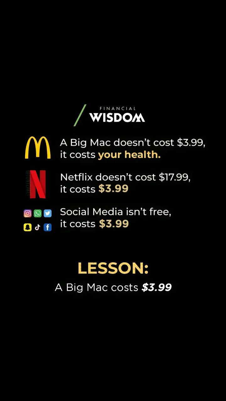 WISDOM A Big Mac doesn't cost $3.99, it costs your health. Netflix doesn’t cost $17.99, it costs $3.99 боу Social Media isn’t free, it costs $3.99 LESSON: A Big Mac costs $3.99