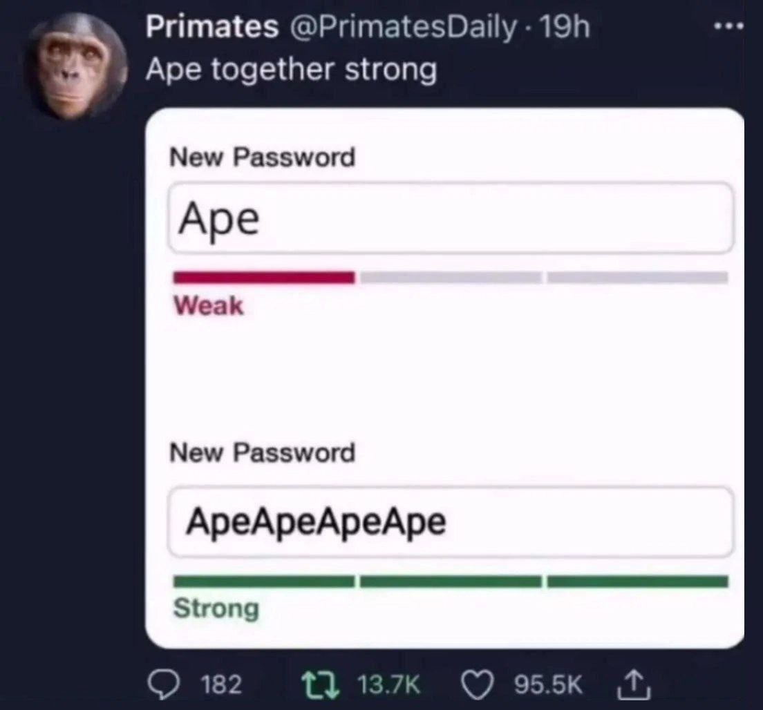 Primates @PrimatesDaily Ape together strong у New Password Ape Weak New Password ApeApeApeApe Strong 182 1 5К