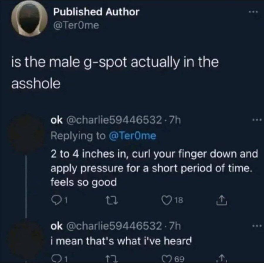 Published Author @lerOme is the male g-spot actually in the asshole @charlie59446532-7h Replying to @ТегОте 2 to 4 inches in, curl your finger down and apply pressure for a short period of time. feels