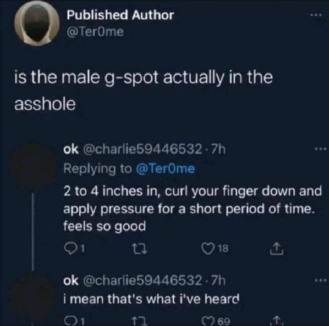 Published Author @lerOme is the male g-spot actually in the asshole @charlie59446532-7h Replying to @ТегОте 2 to 4 inches in, curl your finger down and apply pressure for a short period of time. feels