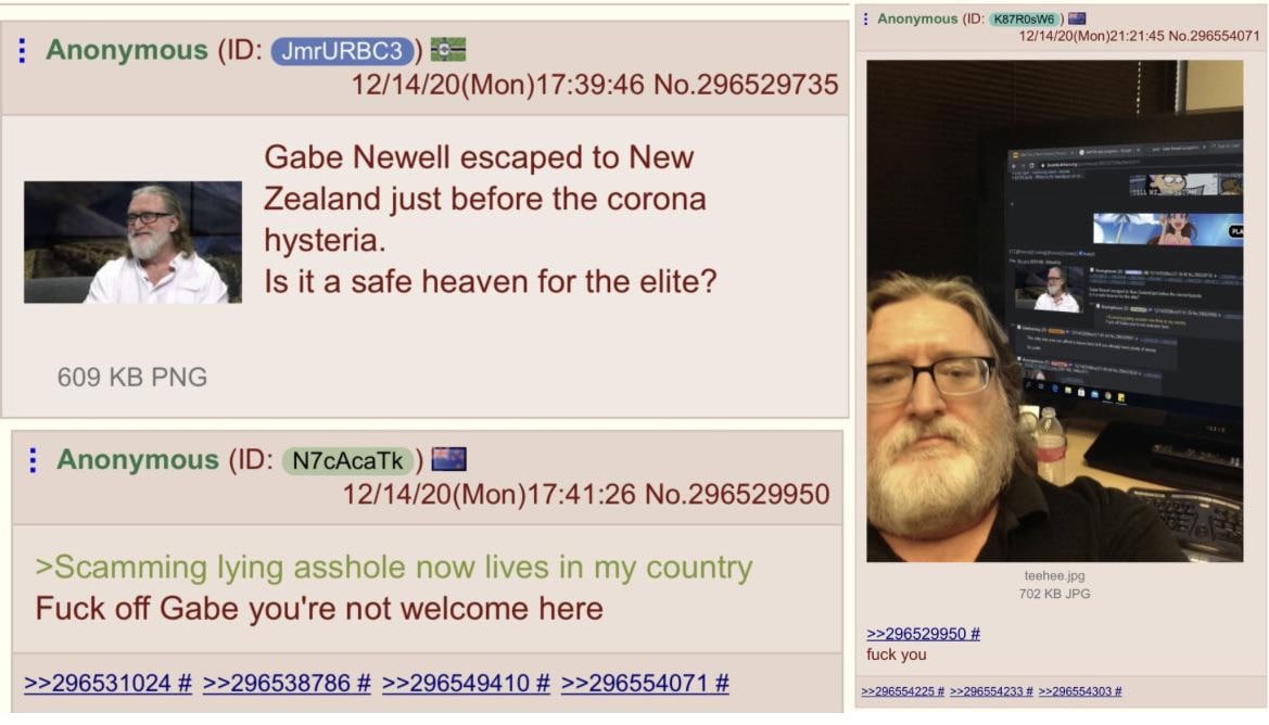 Anonymous 12/14/20(Mon)21:21:45 №.296554071 Anonymous ЕЕ 12/14/20(Mon)17:39:46 No.296529735 Gabe Newell escaped to New Zealand just before the corona hysteria. [5 safe heaven for the elite? 609 PNG An