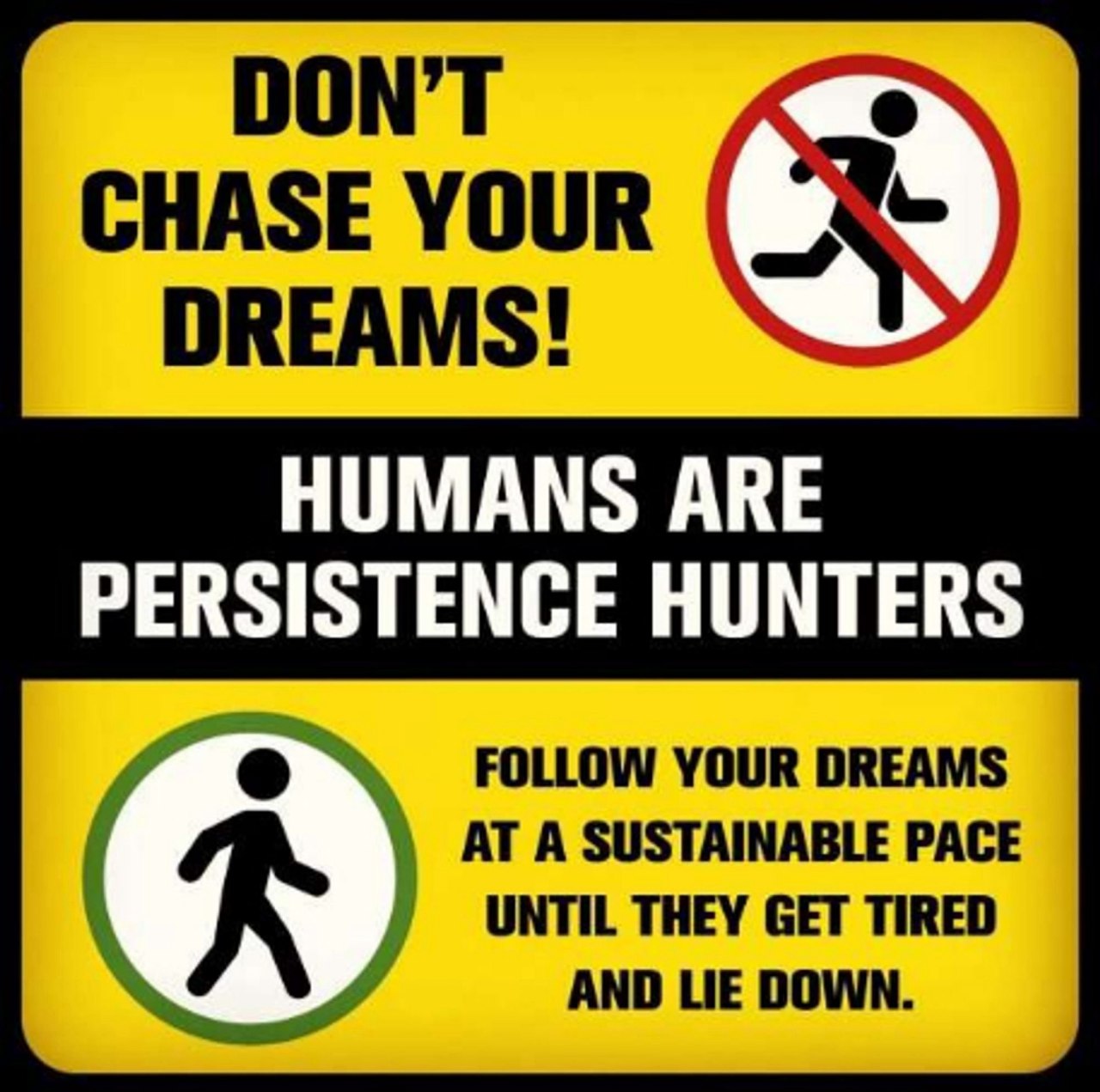DON’T CHASE YOUR DREAMS! HUMANS АВЕ PERSISTENCE HUNTERS FOLLOW YOUR DREAMS AT A SUSTAINABLE PACE UNTIL THEY GET TIRED AND LIE DOWN