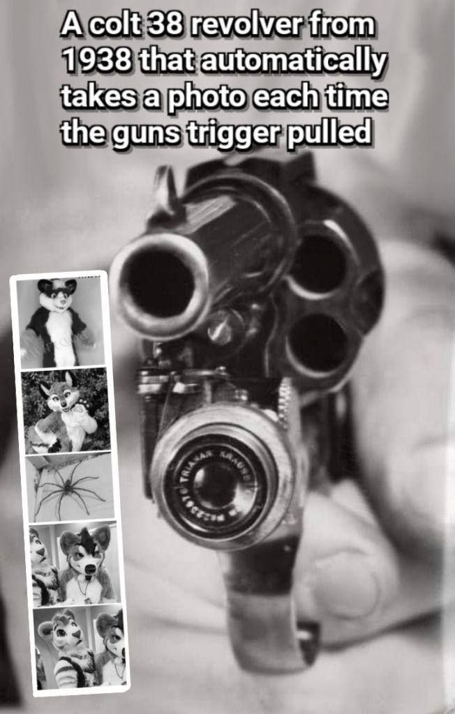 A colt 38 revolver from 1938 that automatically takes а photo each, itime the guns trigger. pulled