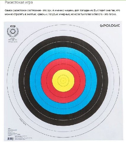 Расистская игра Самое расистское состязание это лук. А именно мишень для попадания. Выглядит онатак, что можно стрелять в желтых, красных, голубых и черных, но если ты попал в белого это плохо. GEOLOG