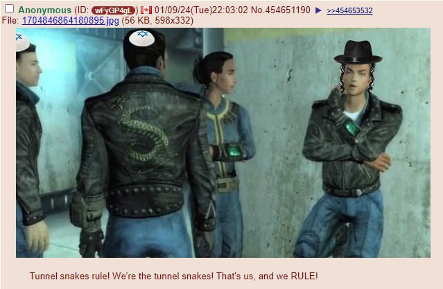 Anonymous [+1 01/09/24(Tue)22:03:02 No.454651190 >>454653532 56 File: 1 7048468641 30895 jpg С: У Tunnel snakes rule! We're the tunnel snakes! That's and we RULE!