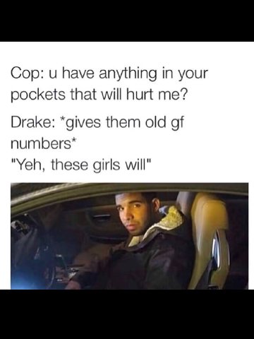 Сор: и have anything in your pockets that will hurt me? Drake: “gives them old of numbers* "Yeh, these girls will’