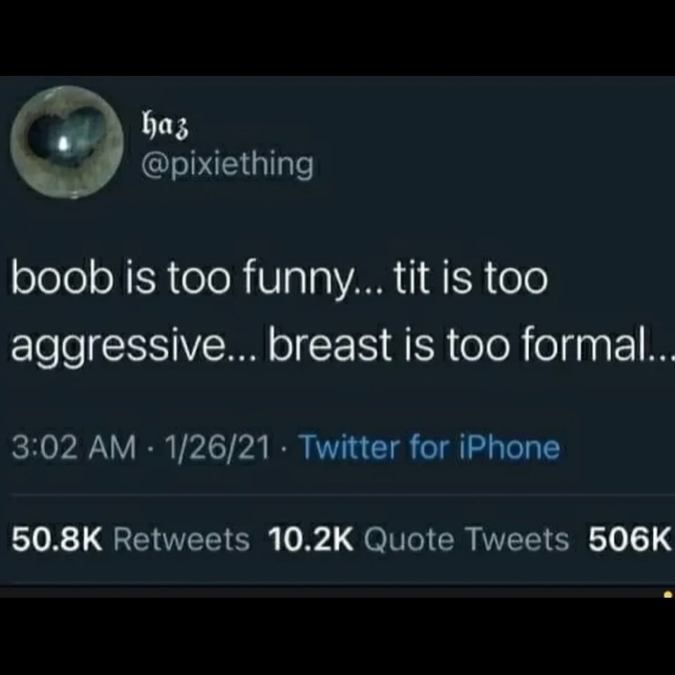 @pixiething boob is too funny... tit is too aggressive... breast is too formal.. 3:02 1/26/21 Twitter for iPhone Retweets Quote Tweets