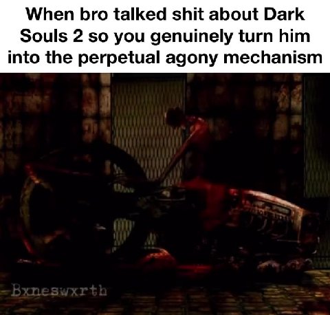 When bro talked shit about Dark Souls 2 so you genuinely turn him into the perpetual agony mechanism