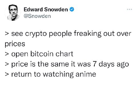 Edward Snowden @Snowden see crypto people freaking out over prices open bitcoin chart price is the same it was 7 days ago return to watching anime