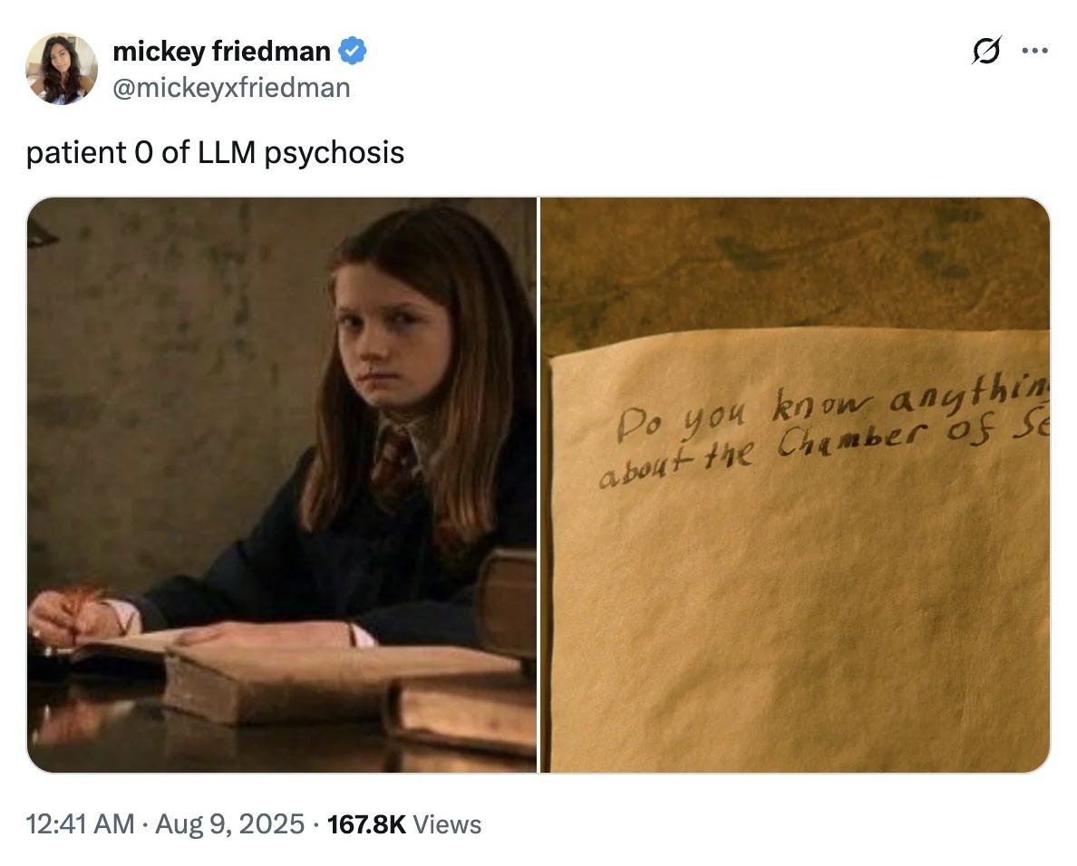 mickey friedman @mickeyxfriedman patient О of LLM psychosis 12:41 Aug 9, 2025 Views