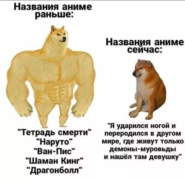 Названия аниме раньше: Названия аниме сеичас: 4 "Я ударился ногой и Тетрадь смерти переродился в другом мире, где живут только демоны-муровьды "Шаман Кинг" и нашёл там девушку“ "Драгонболл"