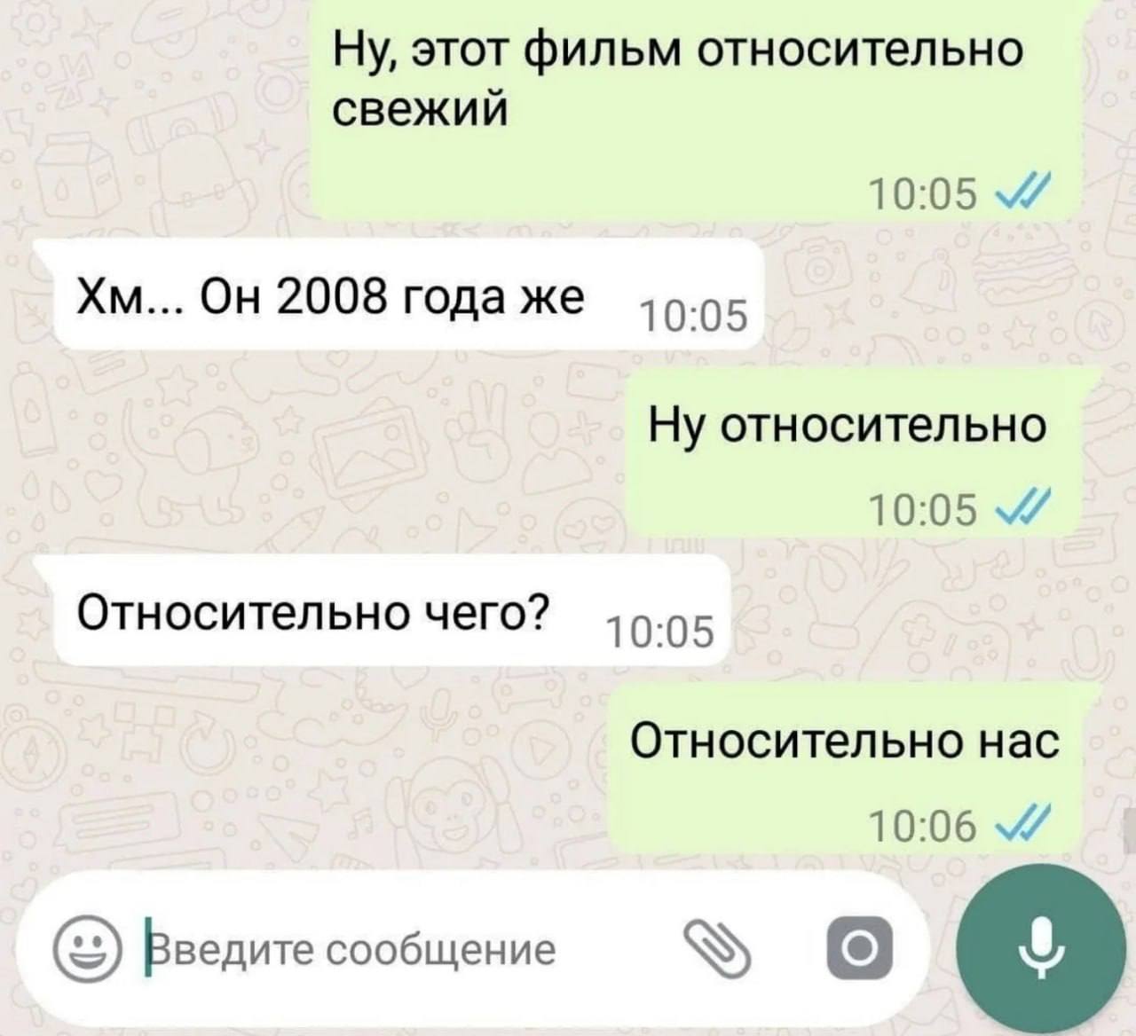 Ну, этот фильм относительно свежий 10:05 2008 года же 10.05 Ну относительно 10:05 Относительно чего? 10:05 Относительно нас Введите сообщение