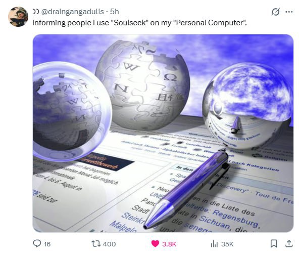 @draingangadulis Informing people use "Soulseek" my "Personal Computer”. у 22. Ory 16 13400