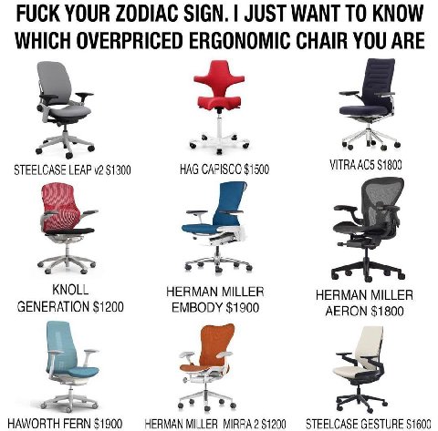 FUCK YOUR ZODIAC SIGN. JUST WANT TO KNOW WHICH OVERPRICED ERGONOMIC CHAIR YOU ARE LEAP $1300 HAG CAPISCO $1500 VITRA $1800 KNOLL HERMAN MILLER HERMAN MILLER $1200 EMBODY $1900 AERON $1800 HAWORTH FERN