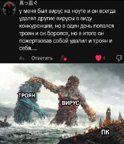 у меня был вирус ноуте и он всегда удалял другие вирусы в виду конкуренции, но в один день попался троян и он боролся, но в итоге он пожертвовав собой удалил и троян и себя Ответить ТРОЯН ВИРУС