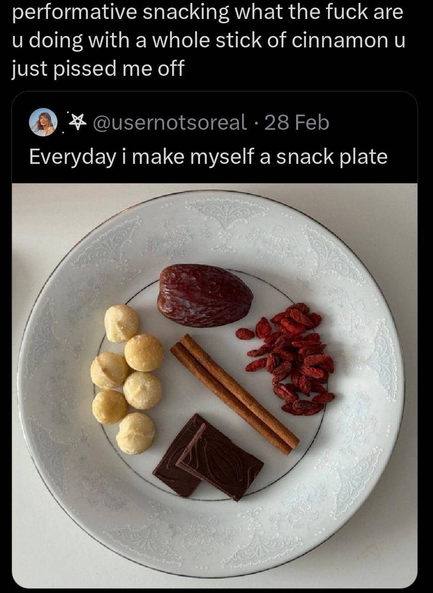 performative snacking what the fuck are doing with a whole stick of cinnamon just pissed me off @usernotsoreal 28 Feb Everyday i make myself а snack plate
