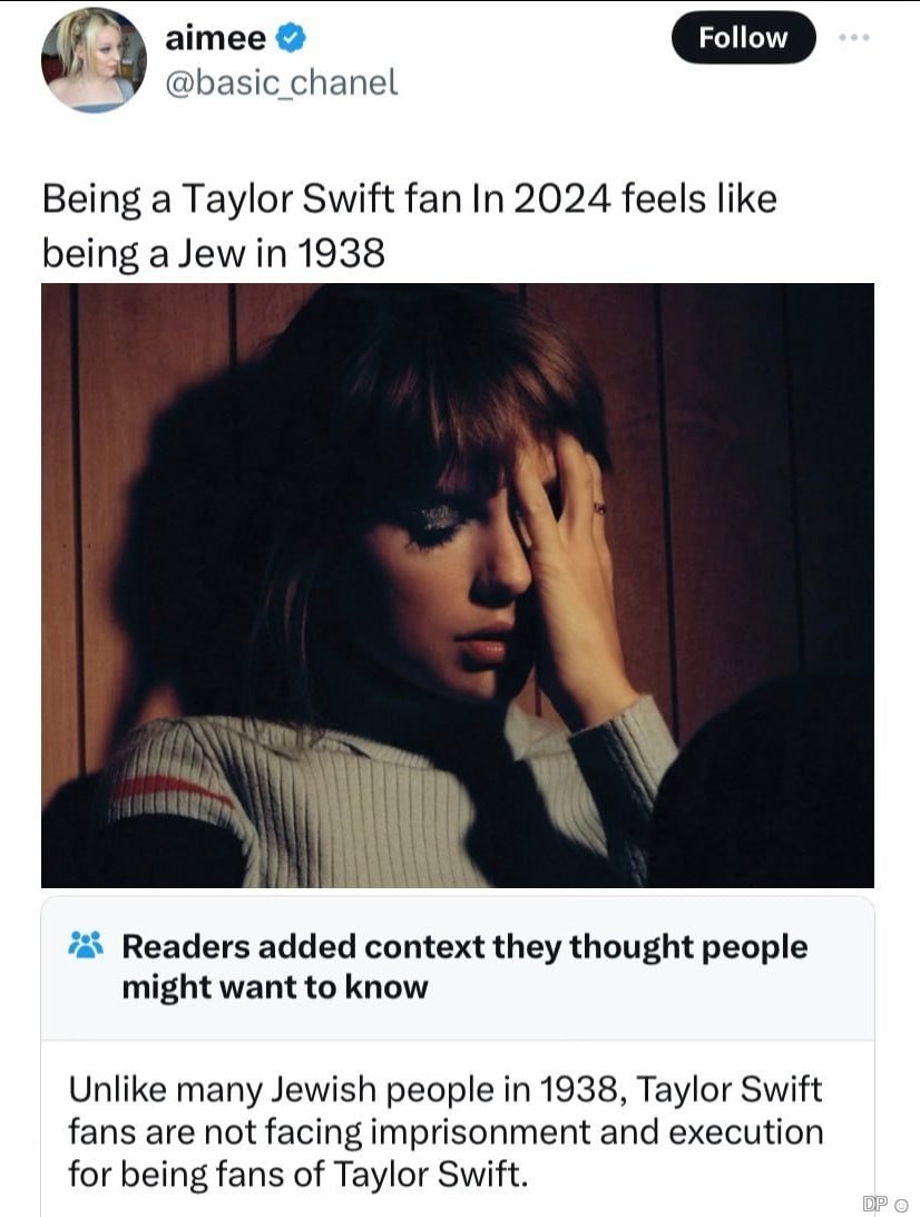 aimee Follow @basic chanel Being a Taylor Swift fan In 2024 feels like being a Jew 1938 ‘a Readers added context they thought people might want to know Unlike many Jewish people in 1938, Taylor Swift 