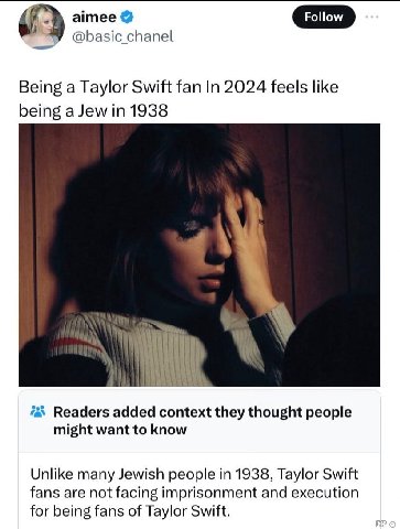 aimee Follow @basic chanel Being a Taylor Swift fan In 2024 feels like being a Jew 1938 ‘a Readers added context they thought people might want to know Unlike many Jewish people in 1938, Taylor Swift 