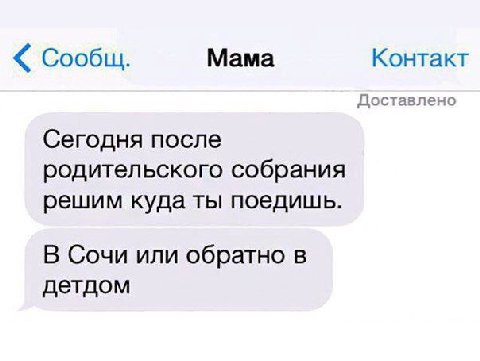 Сообщ. Мама Контакт Доставлено Сегодня после родительского собрания решим куда ты поедишь. В Сочи или обратно в детдом